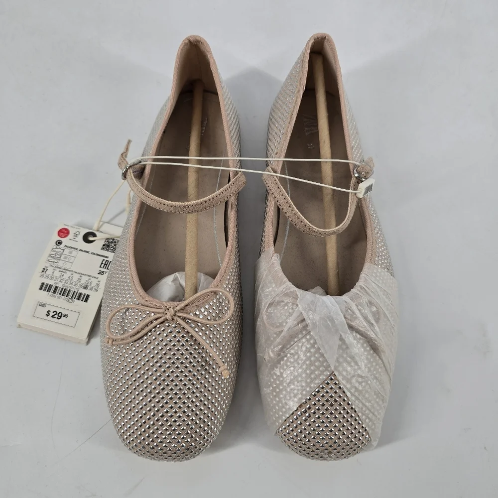 Zara Girl's Studded Beige Ballet Flats Size 37 US 5